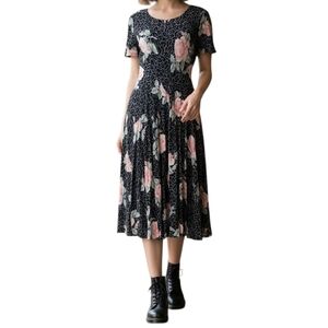🌹 ** Vintage Starina Black & Pink Rose Floral Midi Dress ** 🌹